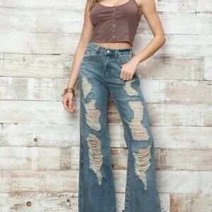 High Waisted Heavily Distressed Wide Leg Denim Jeans
